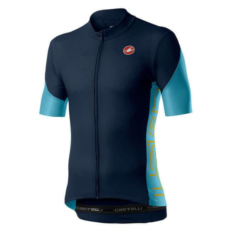 Castelli Entrata V Mens Cycling Jersey (Savile Blue/Celeste/Saffron)